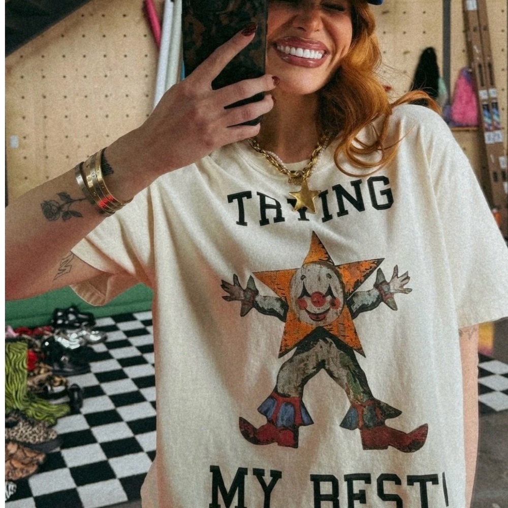 Cream Graphic Tee with Clown Design